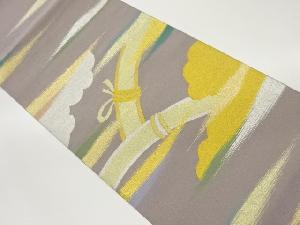 綴れ抽象霞に雲・竹模様織出し袋帯